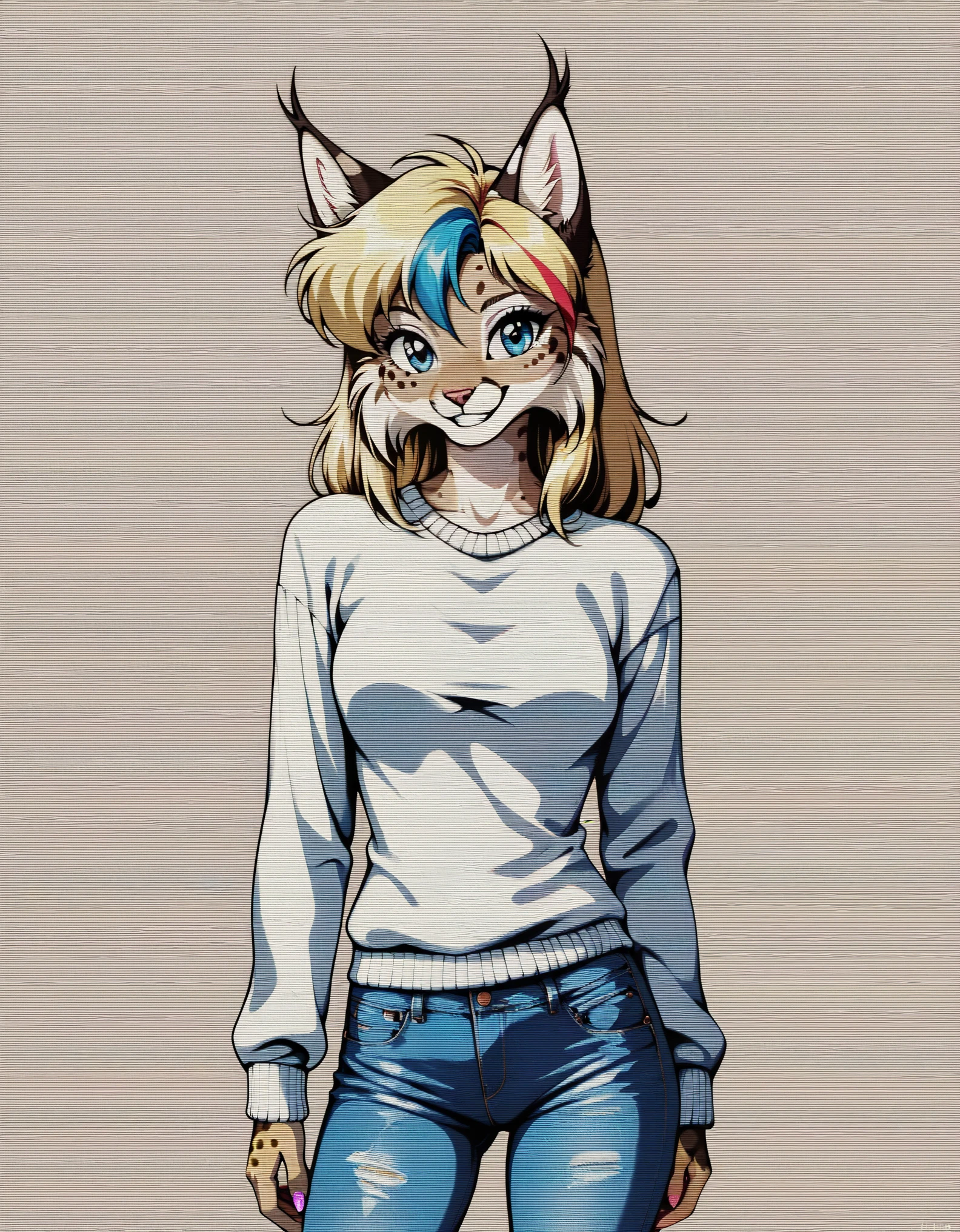 score_9, score_8_up, score_7_up, score_6_up, rating_safe, beautiful, anthro, furry, feline, female, detailed textured fur, fur tufts, fluffy, slim, slender, cute, sweater, baggy denim jeans, beautiful blue eyes, detailed eyes, smile, solo, SFW, lynx, long blonde hair, multicolored hair, streaked hair, absurdres, highres, retro anime, 1990, scanlines,