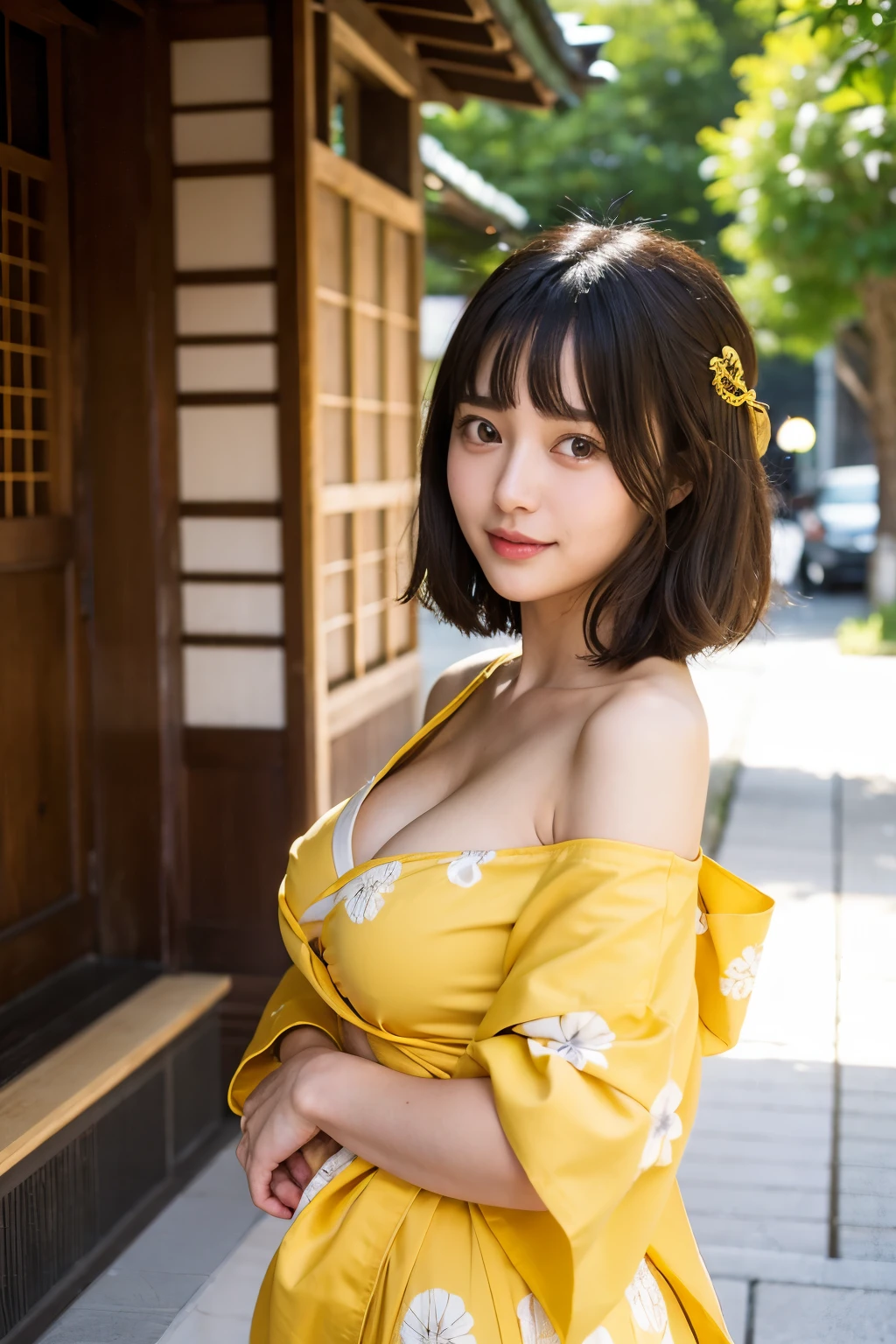 ((Highest quality)), ((masterpiece)), (detailed), One girl, sexy、Traditional Yukata、Japanese、Yellow outfit、Luxurious obi、Black Hair、Nape、Erotic、Big Breasts