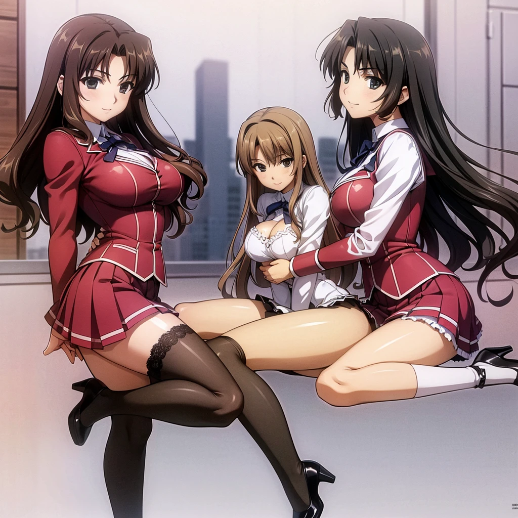 Masterpiece, high quality, 2girls, duo, identical twins, identical sisters, brown hair, curly hair, matching hairstyles, hazel eyes, medium sized bust, (school uniform, sexy school uniform, blazer, lace section, ribbon, rainbow short skirt, white thigh-high socks, black high heels, matching outfits), smile, flat_colour, full body, seductive pose, Duo pose: From the side angle, people's body curves are beautiful.
hugged from the side