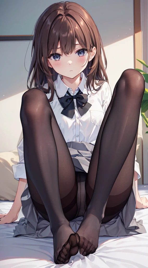 (The whole body from head to toe)、(Full Body)、(No shoes)、(blackpantyhoseの内側に白いパンティ)、(blackストッキングの内側に白いパンティ)、(Panty shot)、(Sitting with legs together)、(Sit with your knees bent and your legs apart)、(M-shaped legs)、Brown Hair、Long Hair、bangs、Highest quality、High resolution、8k wallpaper、(figure:0.8)、(Beautiful attention to detail:1.6)、(Highly detailed face)、Perfect lighting、Highly detailed CG、Perfect hands、Perfect Anatomy、Thin legs、(Small Tits)、Sitting on the floor、Sleep on your back、Spread your legs、Look forward、Configuration from below、Positive、Turn your lower body forward、In 8K、Highest quality、The real picture、Intricate details、Ultra-detailed、超High resolution、Depth Field、(Photorealistic、Realistic:1.2),masterpiece, 0.25 :: Front shot、From the center、One Girl、Very beautiful girl、See the face and feel、Big eyes、Sexy pose、Fascinating、Perfect Skin、(Small breasts)、Narrow waist、Light blush、solo、Looking at the audience、Five perfect fingers、Small toes、sweating、 wear((School_uniform)、White shirt、Collared shirt、Pleated dress、Grey Dress、(black_pantyhose:1.2)、 blackストッキング、blackpantyhose、(Sculpture Pose:1.1)、 Showing her white panties、Panty shot、Spread your legs、Open legs、Wide-open legs、bedroom 、On the bed