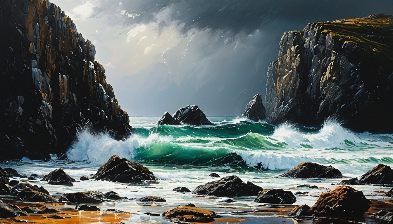 impactful paint of a stormy sea over rocks     highly detailed,   8k,   sharp,  professional, clear,   high contrast, high saturated, , vivid deep blacks, crystal clear