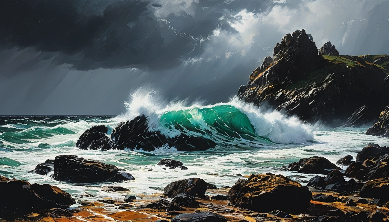 impactful paint of a stormy sea over rocks     highly detailed,   8k,   sharp,  professional, clear,   high contrast, high saturated, , vivid deep blacks, crystal clear