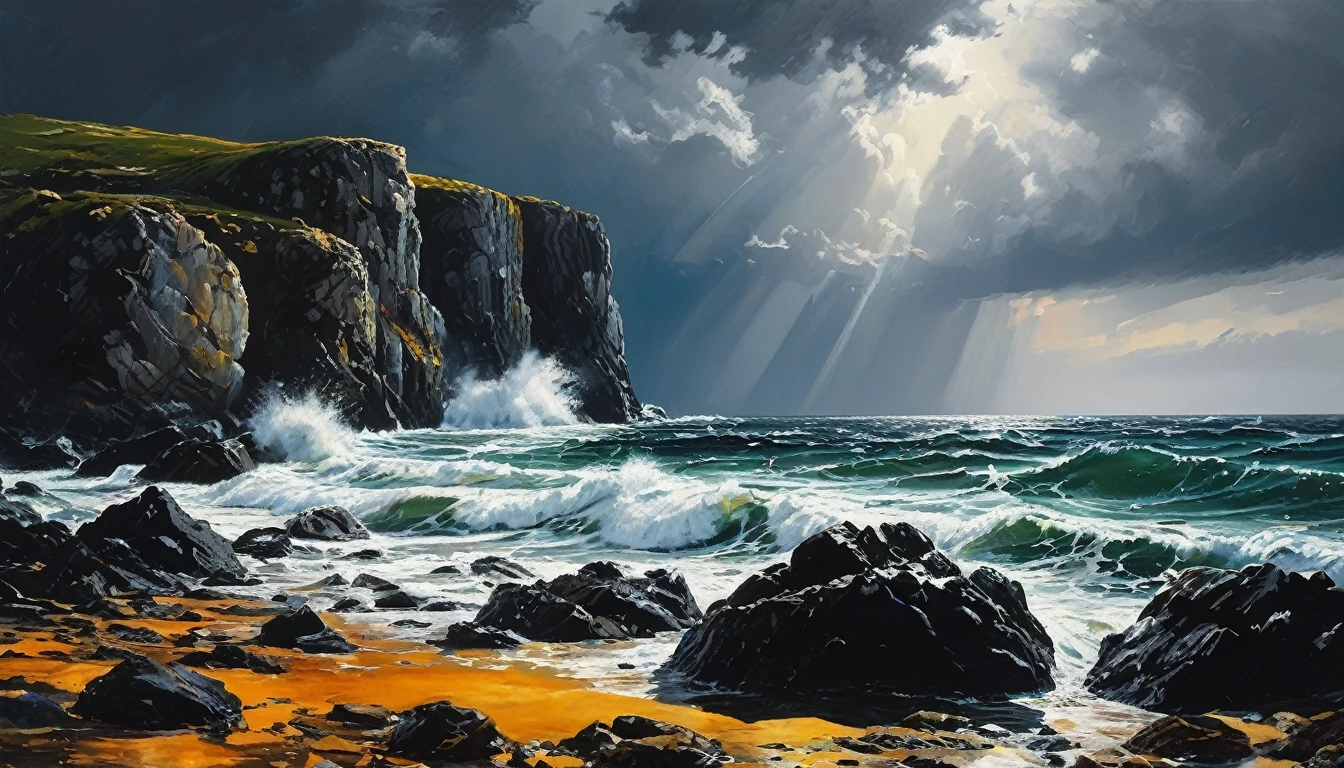 impactful paint of a stormy sea over rocks     highly detailed,   8k,   sharp,  professional, clear,   high contrast, high saturated, , vivid deep blacks, crystal clear