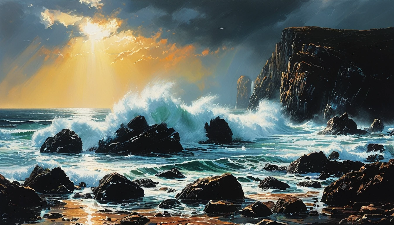 impactful paint of a stormy sea over rocks     highly detailed,   8k,   sharp,  professional, clear,   high contrast, high saturated, , vivid deep blacks, crystal clear