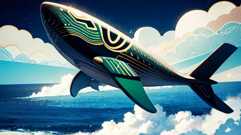 A flying whale、Create images painted in the Art Deco and Pop Art style。In the background、Gold and black geometric pattern、The whale is colored emerald green and silver.。The whale's body has sparkling lines drawn on it.、It creates a luxurious and fantastic atmosphere.。