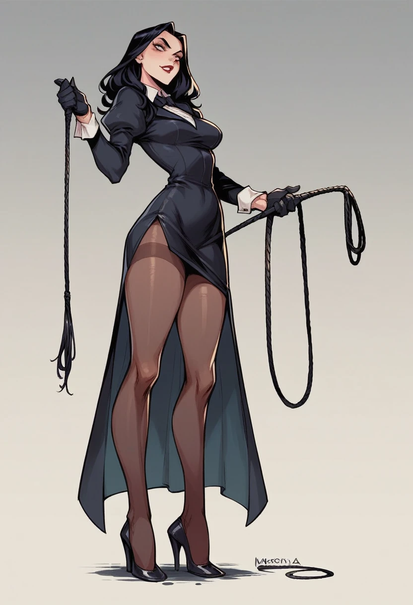 Morticia addams with high heels and pantyhose with gloves and whip femdom 