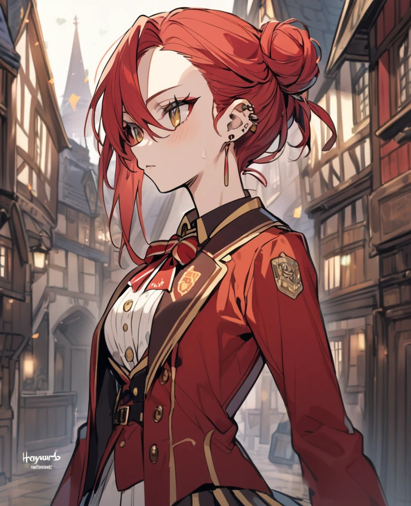 Female,5'6,pierced ears,light skin,hazel eyes,red long hair in a messy bun ,hogwards uniform