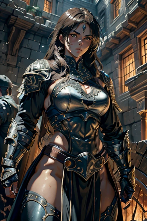 muscular female warrior, in detailed intricate medieval armor, wielding an ornate sword and shield, dynamic action pose, highly detailed, cinematic lighting, epic fantasy, rich colors, dramatic atmosphere