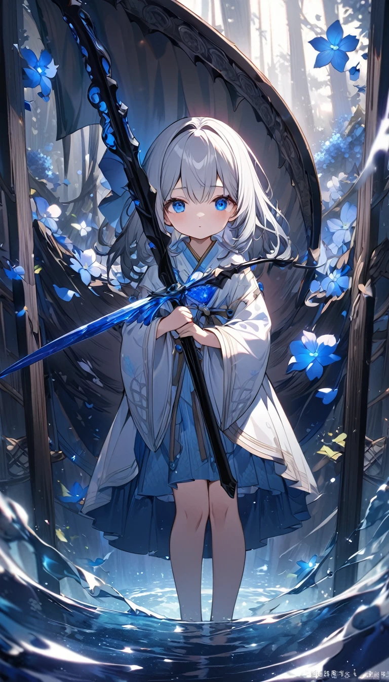 Highest quality,masterpiece,Detailed Details,Super detailed,colorful,The background is dark blue water,Transparency,Use HDR technology to create a sense of depth,beautiful,beautiful自然,Sacred atmosphere,8-year-old girl,Alone,Wearing starry wizard robes,Stand in the center of the screen,The whole body faces this way,Look diagonally forward to the left,A scythe blade made from a blue gem,A scythe handle made from a black gem.,Hold the scythe in both hands,Swing and attack,beautiful造形,Quiet Anger,Narrow eyes,mysterious,Long silver hair decorated with blue flowers,Fantasy atmosphere,beautiful虹色の蝶々is flying in the air,Magnificent worldview