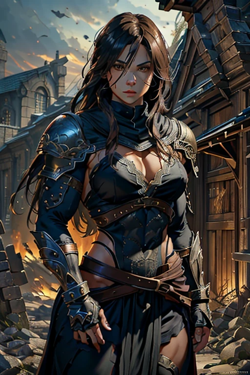 muscular female, archer/rogue class, mixed blood human and dragon, detailed facial features, intricate armor, dynamic pose, fantasy landscape, warm lighting, cinematic composition, epic scale, dramatic colors, digital art, concept art style