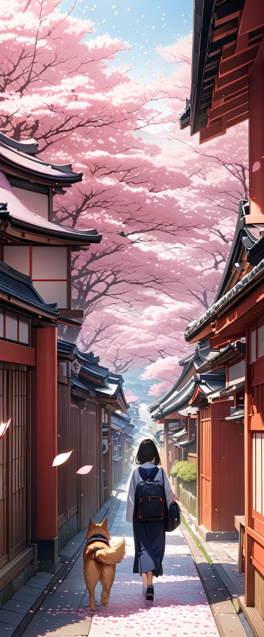 (masterpiece:1.2,Highest quality,Highest quality),(Super detailed),(An illustration),8k,wallpaper,Beautiful landscape photography,Japan,Kyoto,Cherry tree-lined street,Cherry blossom petals are falling,A person walking a dog
