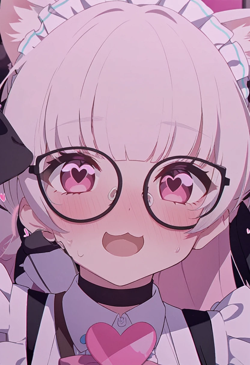 I have white pink hair, cat ears, a bun, my face is super blushing, black glasses, pink heart eyes, a maid's outfit, white stockings, white shoes, a cat's tail, a very shy girl sitting on a table. bed