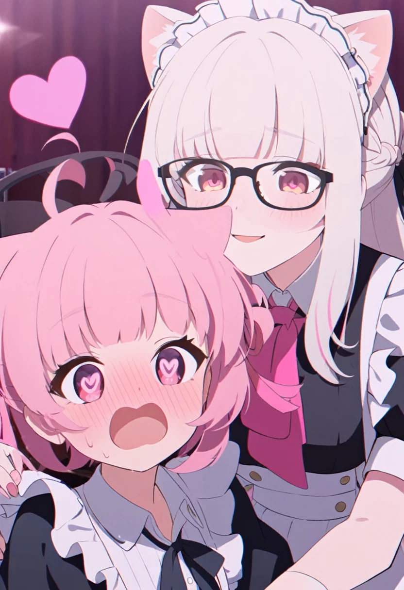 I have white pink hair, cat ears, a bun, my face is super blushing, black glasses, pink heart eyes, a maid's outfit, white stockings, white shoes, a cat's tail, a very shy girl sitting on a table. bed