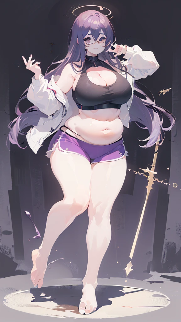 cement wall, Beautiful shades, (standing:1.5), city background, sunlight reflection, morning, soft shading, Dynamic Pose Dynamic Angle, [ 4k digital art ]!!,(big bust, prominent cleavage:1.5), (Black eyes with a slight purple tint:1.5), (a devastated expression, dead eyes, dark atmosphere:1.5), (Very white and long hair with a bluish tint, weak perm:1.5), (sports bra, extra long sports jacket, hot pants, :1.5), (bare foot, round-rimmed glasses:1.5), (Aegyo belly fat:1.5), (smiling faintly:1.5),(thin legs:1.1)