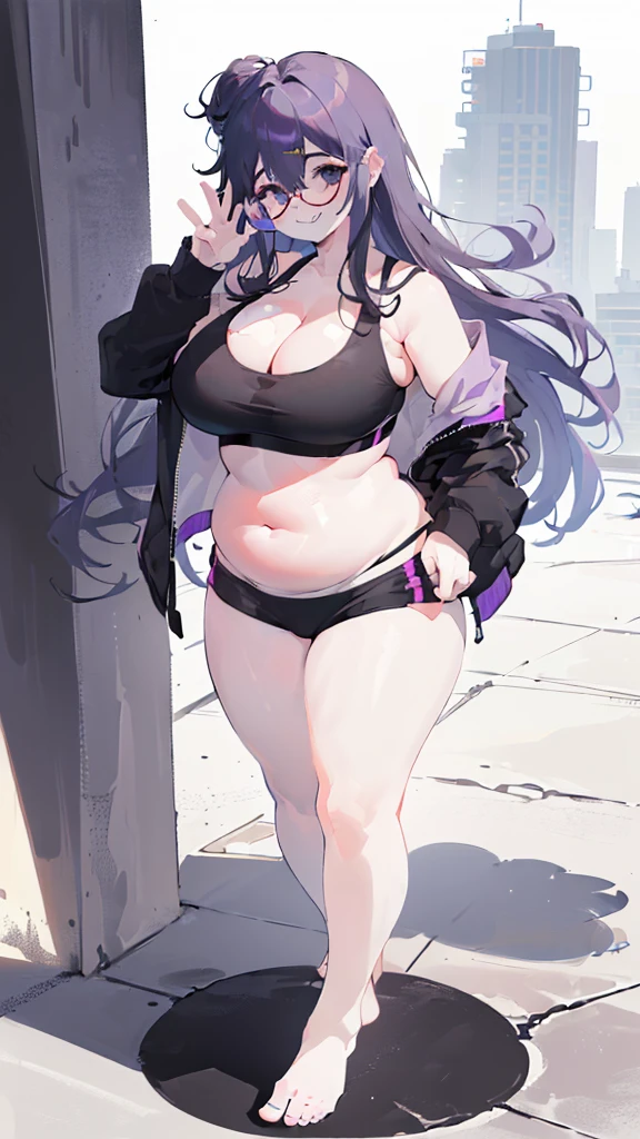 cement wall, Beautiful shades, (standing:1.5), city background, sunlight reflection, morning, soft shading, Dynamic Pose Dynamic Angle, [ 4k digital art ]!!,(big bust, prominent cleavage:1.5), (Black eyes with a slight purple tint:1.5), (a devastated expression, dead eyes, dark atmosphere:1.5), (Very white and long hair with a bluish tint, weak perm:1.5), (sports bra, extra long sports jacket, hot pants, :1.5), (bare foot, round-rimmed glasses:1.5), (Aegyo belly fat:1.5), (smiling faintly:1.5),(thin legs:1.1)