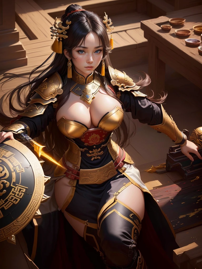 a painting of a woman with an armor, inspired by Li Kan, bian lian, guan yu, inspired by Hu Zaobin, inspired by Huang Ding, inspired by Huang Shen, inspired by Wu Bin, inspired by Li Gonglin, inspired by Zhao Zuo, inspired by Pu Hua, inspired by Cao Zhibai, chinese three kingdoms, Highly detailed CG unit 8k wallpaper, masterpiece, High resolution, highest quality, highest quality real texture skin, Super Real, Digital Painting, Best image quality, 最High resolution, 8k, (((Highly detailed eyes and face, Beautiful eyes every detail))), disproportionate breasts, huge breasts, sagging breasts, gigantic breasts,