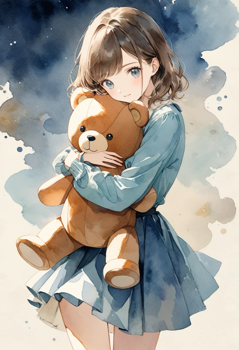 ((Retro Antique:1.5)),((hugging a stuffed teddy bear:1.5)),Beautiful and cute girl,1 Girl,Solo,Sharp features,Sophisticated,((Watercolor:1.5)),whole body,Pink and blue colors,超High resolution, Attention to detail, high quality, High resolution, 最high quality,(vintage:1.4),