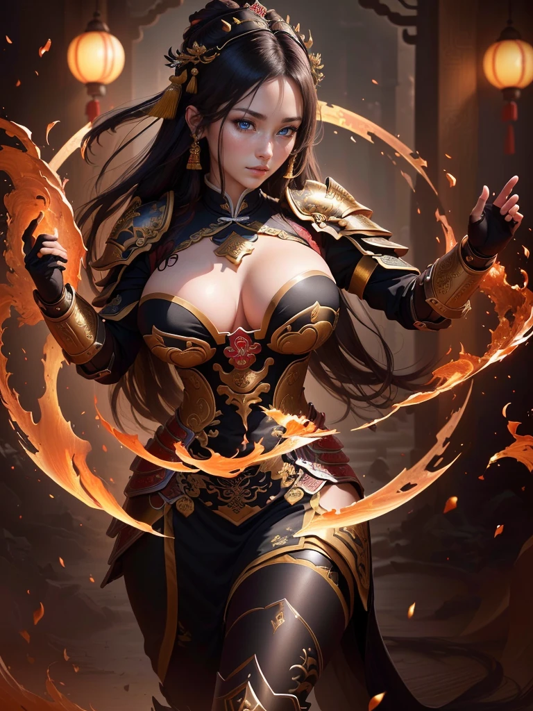 a painting of a woman with an armor, inspired by Li Kan, bian lian, guan yu, inspired by Hu Zaobin, inspired by Huang Ding, inspired by Huang Shen, inspired by Wu Bin, inspired by Li Gonglin, inspired by Zhao Zuo, inspired by Pu Hua, inspired by Cao Zhibai, chinese three kingdoms, Highly detailed CG unit 8k wallpaper, masterpiece, High resolution, highest quality, highest quality real texture skin, Super Real, Digital Painting, Best image quality, 最High resolution, 8k, (((Highly detailed eyes and face, Beautiful eyes every detail))), disproportionate breasts, huge breasts, sagging breasts, gigantic breasts,