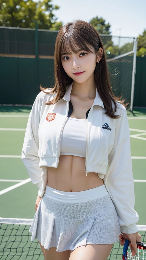 high-level image quality, masutepiece, Best Quality, Young woman in perfect style, Ultra-detailed, finely detail, hight resolution, 8K Wallpapers, Perfect dynamic composition, Beautiful detailed eyes, Medium Hair, (Colossal tits:1.2), Natural Color Lip, Smile, sport uniform, See-through wear based on white, tennis coat, Tennis Wear, (Tight abs:1.1), blurry backround, ((big breasts thin waist)), a short skirt, skinny thigh, Natural hair with bangs, Brightly colored clothing