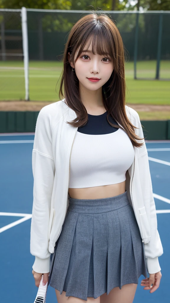 high-level image quality, masutepiece, Best Quality, Young woman in perfect style, Ultra-detailed, finely detail, hight resolution, 8K Wallpapers, Perfect dynamic composition, Beautiful detailed eyes, Medium Hair, (Colossal tits:1.2), Natural Color Lip,  Smile, sport uniform, See-through wear based on white, tennis coat, Tennis Wear, (Tight abs:1.1), blurry backround, ((big breasts thin waist)), a short skirt, skinny thigh, Natural hair with bangs, Brightly colored clothing