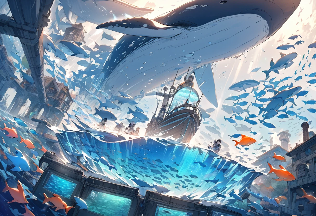 hologram,Convert black and white to color,,Gradual contamination,Ocean,school of fish,whale,Ocean草,water pipe,fantasy,near future,ecology,chimney