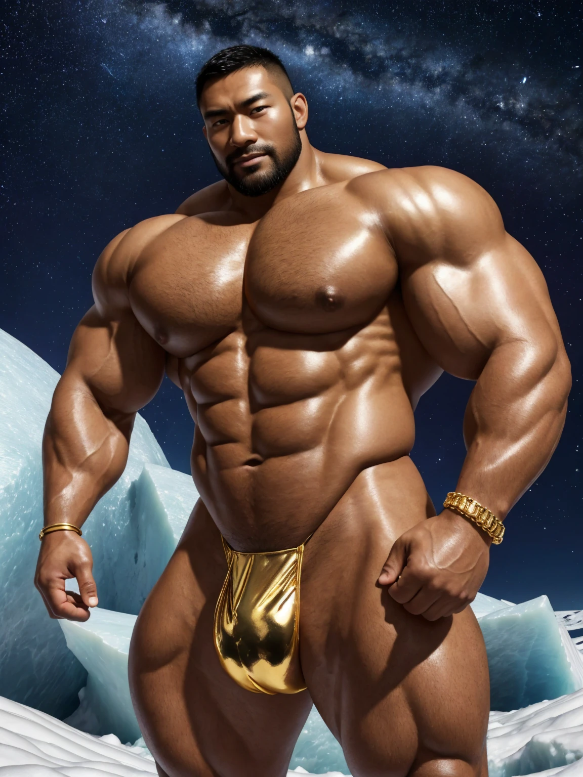 There is only one handsome Chinese man in the photo，35 years old，tall, Fitness，Smooth body，Smooth skin，No chest hair，short hair, O-Shaped Beard，Perfect body, Dark skin color，Radiant Skin，Smooth skin，Shiny, shiny skin，Smooth pectoral muscles，Muscle bulge, muscular, Very large pectoral muscles，Very sexy abdominal muscles，Very well-developed leg muscles，Huge concave and convex area，Brightens oily skin，Wearing a shiny gold leather thong，Handsome face，Normal human toes，Correct and accurate male body proportions，Gold Collar，Gold bracelet，Gold anklets，Stand on a glacier，Night sky，A sky full of stars，There are auroras，Colorful，Charming dream scene，Epic。
