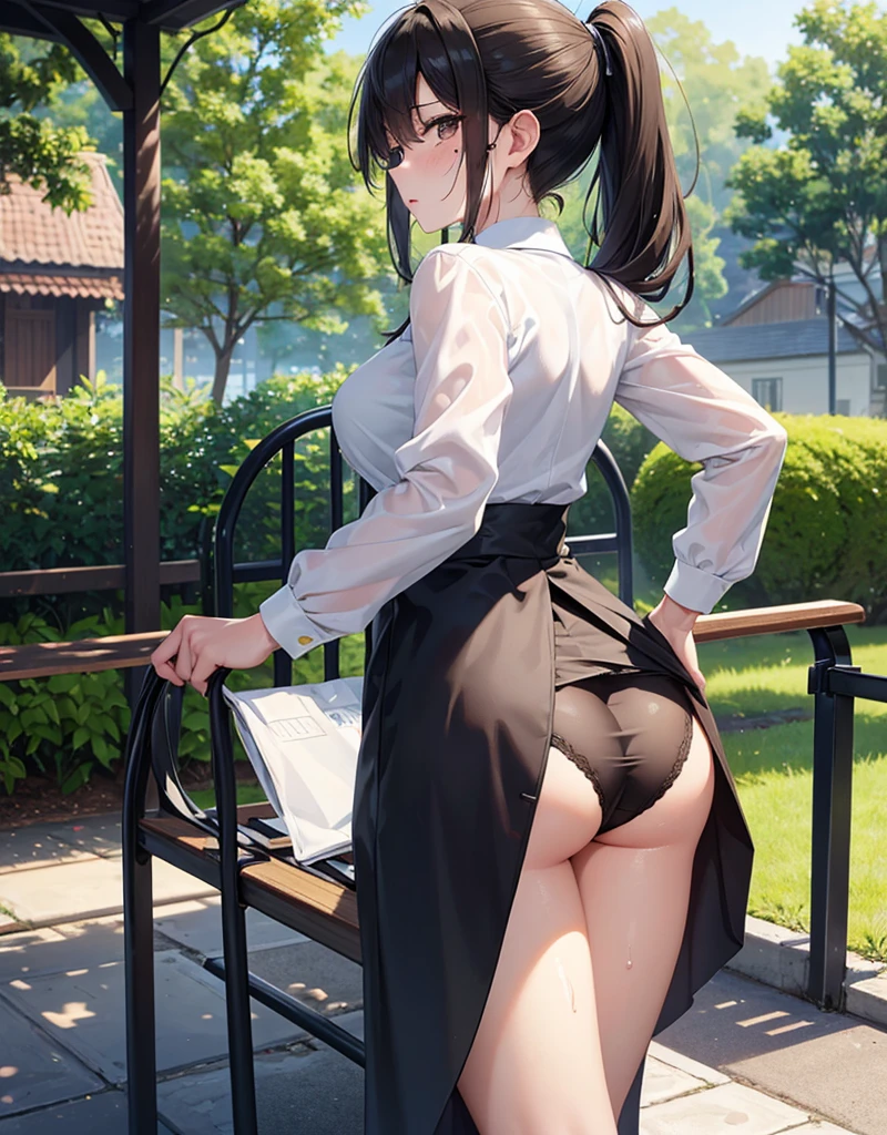 One person、masterpiece、Highest quality、Super detailed、High resolution illustrations、Improve skin quality、Increase eye appeal、Drawn in detail、Perfect body structure、Old woman、Business suit and tight skirt、Prone、Buttを見せる、Butt、look back、Lift up the skirt、Showing her light brown panties、Are thin、Tall、Buttが小さい、Skin blemishes、Skin wrinkles、Aged skin、Wrinkled skin、Outdoor、Embarrassing、Unpleasant、Sweat it out、Sigh、Heat、Black Hair、Downcast eyes、Watery eye、mole、Long Hair、ponytail、Park bench、