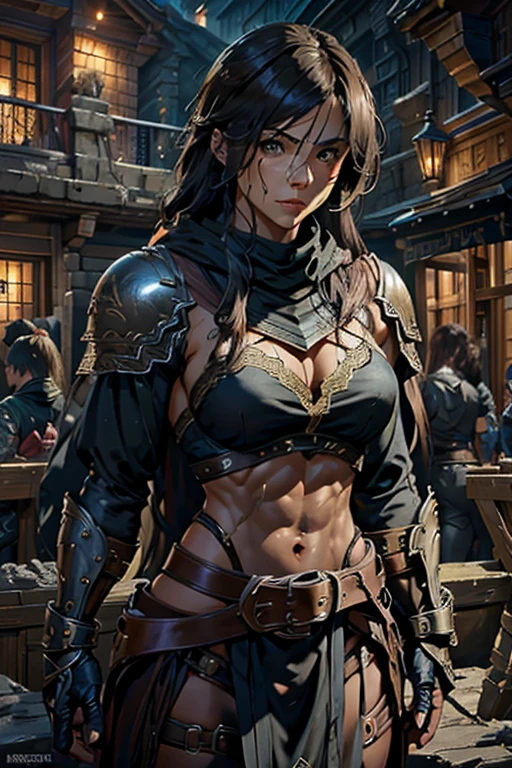 muscular female, archer/rogue class, mixed blood human and dragon, detailed facial features, intricate armor, dynamic pose, fantasy landscape, warm lighting, cinematic composition, epic scale, dramatic colors, digital art, concept art style, full leather armor