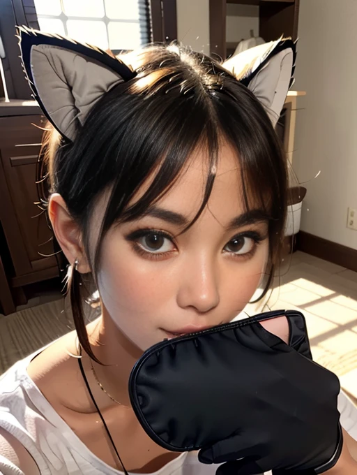 Long black hair、(tail、Cat ears, (whisker pads:1.9)、Beautiful woman with cat&#39;s yellow eyes)、Wearing a black dress、A hybrid of a cat and a beautiful woman、(Baring fangs and threatening:1.4)、sit with legs apart on an antique chair、Raise your arms and show your armpits、tropics、Mangrove Forest、beach、Intricate details、Photorealistic、Very detailed、8k、Cinematic lighting、Dramatic Pose、elegant and mysterious、Dark toneoody and atmospheric、alen4_kryukova