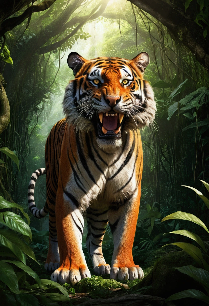 A hyper-realistic illustration of a man-eating tiger in a dense jungle. The tiger has a prominent scar running diagonally across one of its piercing eyes. The scene captures the tiger in a powerful, aggressive stance, its muscles tense and ready to pounce. Its fur is a striking combination of vibrant orange and deep black stripes, with a hint of white on the underbelly and face. The background is rich with lush green foliage, tall ancient trees, and a faint glimpse of an old, abandoned temple partially covered in vines. Beams of sunlight pierce through the dense canopy, casting dramatic shadows and highlighting the tiger's menacing features. The overall atmosphere is one of danger and primal power.