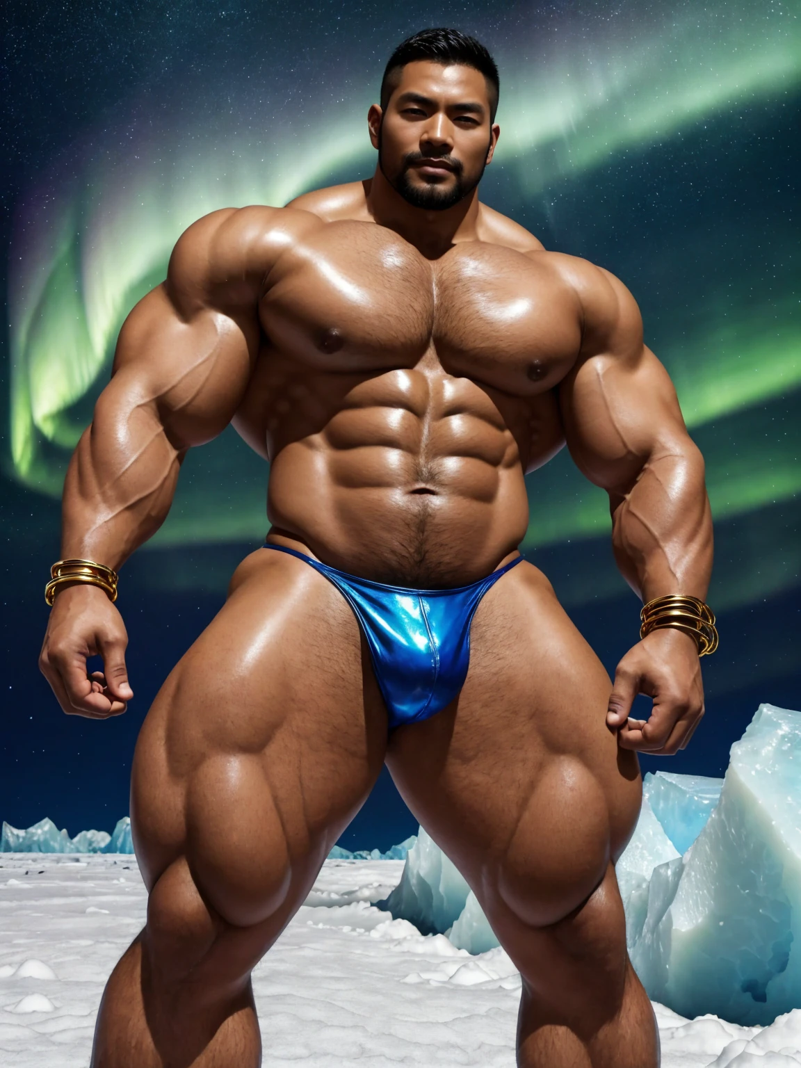 There is only one handsome Chinese man in the photo，35 years old，tall, Fitness，Smooth body，Smooth skin，No ????? hair，short hair, O-Shaped Beard，Perfect body, Dark skin color，Radiant Skin，Smooth skin，Shiny, shiny skin，Smooth pectoral muscles，Muscle bulge, muscular, Very large pectoral muscles，Very ???? abdominal muscles，Very well-developed leg muscles，Huge concave and convex area，Brightens oily skin，Wearing a shiny gold leather ?????，Handsome face，Normal human toes，Correct and accurate male body proportions，Gold Collar，Gold bracelet，Gold anklets，Stand on a glacier，Night sky，A sky full of stars，There are auroras，Colorful，Charming dream scene，Epic。
