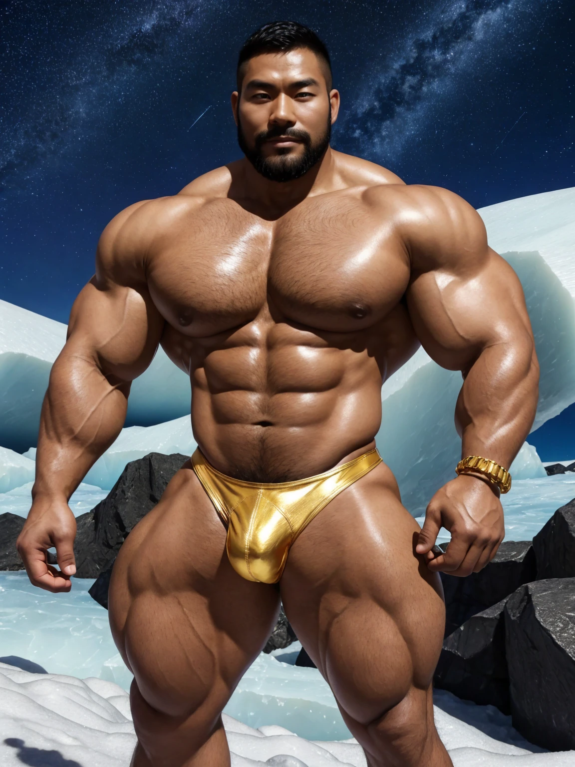 There is only one handsome Chinese man in the photo,35 years old,tall, Fitness,Smooth body,Smooth skin,No chest hair,short hair, O-Shaped Beard,Perfect body, Dark skin color,Radiant Skin,Smooth skin,Shiny, shiny skin,Smooth pectoral muscles,Muscle bulge, muscular, Very large pectoral muscles,Very sexy abdominal muscles,Very well-developed leg muscles,Huge concave and convex area,Brightens oily skin,Wearing a shiny gold leather thong,Handsome face,Normal human toes,Correct and accurate male body proportions,Gold Collar,Gold bracelet,Gold anklets,Stand on a glacier,Night sky,A sky full of stars,There are auroras,Colorful,Charming dream scene,Epic。
