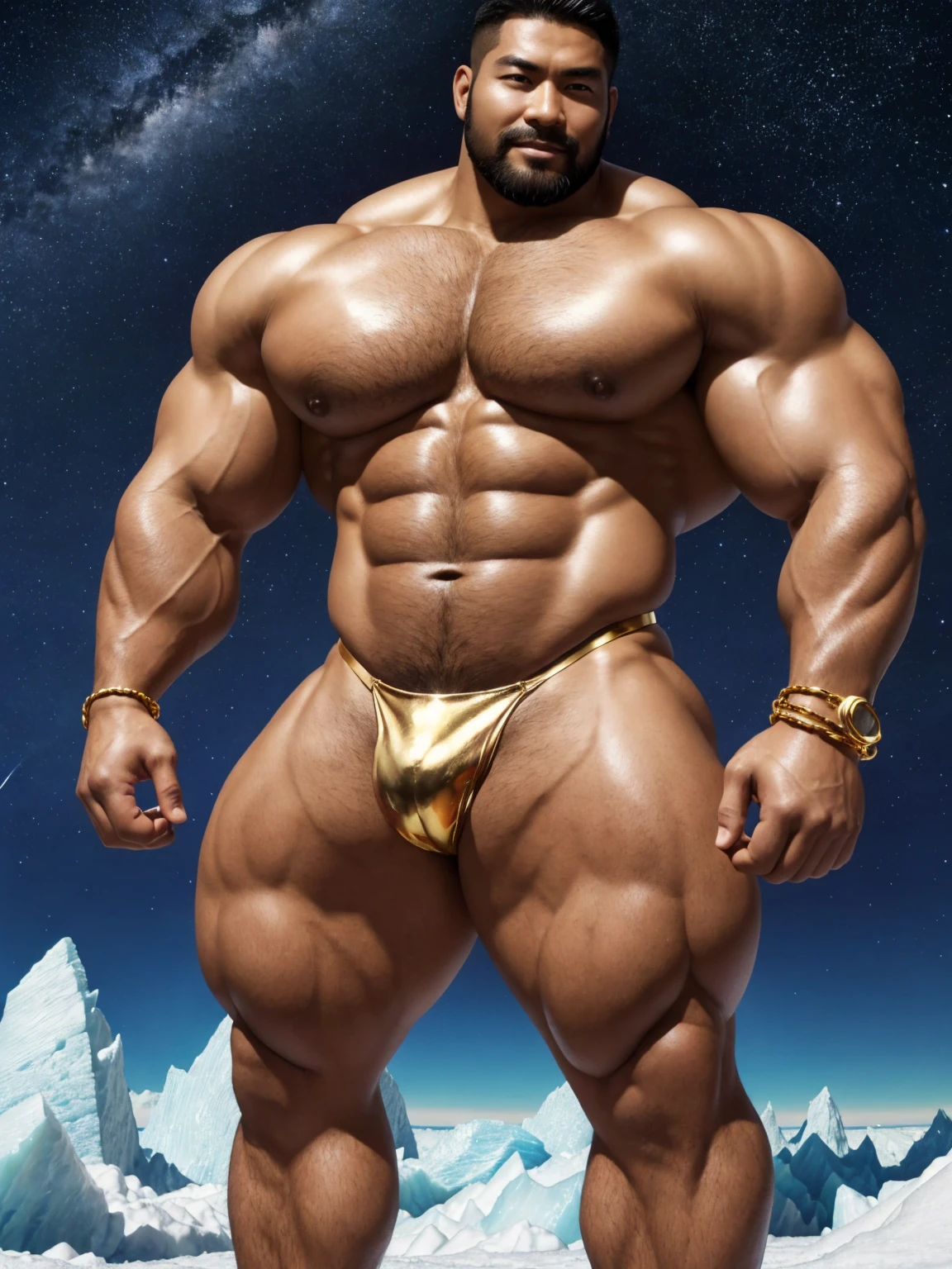 There is only one handsome Chinese man in the photo,35 years old,tall, Fitness,Smooth body,Smooth skin,No chest hair,short hair, O-Shaped Beard,Perfect body, Dark skin color,Radiant Skin,Smooth skin,Shiny, shiny skin,Smooth pectoral muscles,Muscle bulge, muscular, Very large pectoral muscles,Very sexy abdominal muscles,Very well-developed leg muscles,Huge concave and convex area,Brightens oily skin,Wearing a shiny gold leather thong,Handsome face,Normal human toes,Correct and accurate male body proportions,Gold Collar,Gold bracelet,Gold anklets,Stand on a glacier,Night sky,A sky full of stars,There are auroras,Colorful,Charming dream scene,Epic。