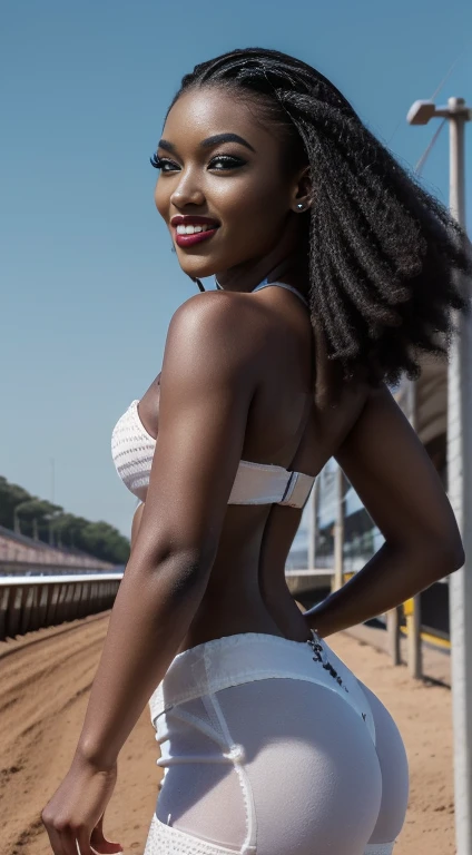 Create stunningly gorgeous and beautiful African goddess images, Long and beautiful eyelashes, ブラックeyeliner, Professional studio makeup, lipstick, Natural African Hair, Stunningly beautiful face of a goddess, God-like body, Natural Big, Sexy and seductive waist, masterpiece:1.3), Very detailed, Ultra-high resolution, (Realistic, photo Realistic:1.37), High-resolution RAW color photos, Professional photos, ((Hyperrealism)), (Written boundary depth), Full Sharp:1.2,  Hot Model, 18-year-old), With a perfect body, Very beautiful face and eyes, ((Heavy makeup, [[ピンクのlipstick]], eyeliner)), (Perfect Proportions), (Anatomically correct), ((Viewer Display)), ((Super high quality natural hair)), (((black、white (((Side comb hair))), Woman in a cheerleader outfit, ((Raise the checkered flag, blackとwhiteのチェック柄:1.4)), photo shoot, Race Car, (Lace style:1.1), ((Raising the Flag, Only one number, Go-go dancer, Flare, 3 4 5 3 1 , pinned down, pinned down:1.4)), (Big ample breasts:1.1)), (Tight waist:1.2), Moderate ASS, ((肌をwhiteくする, Slim face)), Beautiful cheekbones, Slim Belly: 1.2, (Very slim, Muscular body:1.1), ((Very detailed顔)), Attention to detail, double eyelid, (erotic:1.3), A satisfied smile, Gorgeous appearance, Stunning Appearance, ((Cowboy Shot)), (Dynamic pose:), Race track in the background