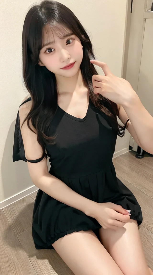 (Highest quality、8k、32K、masterpiece、Best Quality、Realistic）)、Black Hair、Medium Hair、Short bangs、（Small breasts、Wearing a short-sleeved dress:1.3）、Small breasts、Selfie、Sitting、Leg spread、Idol、room、Wearing loose cloth shorts
