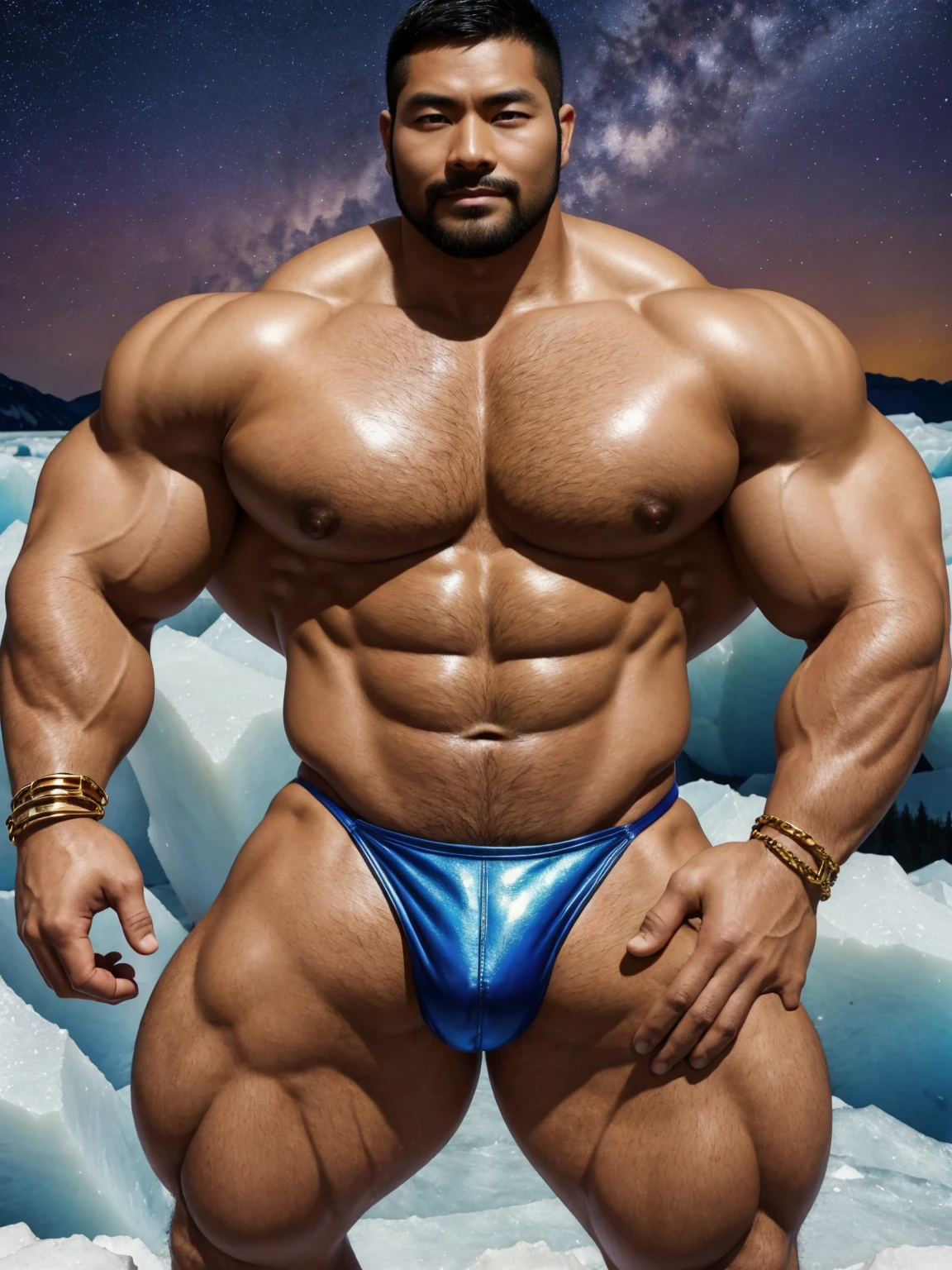 There is only one handsome Chinese man in the photo,35 years old,tall, Fitness,Smooth body,Smooth skin,No chest hair,short hair, O-Shaped Beard,Perfect body, Dark skin color,Radiant Skin,Smooth skin,Shiny, shiny skin,Smooth pectoral muscles,Muscle bulge, muscular, Very large pectoral muscles,Very sexy abdominal muscles,Very well-developed leg muscles,Huge concave and convex area,Brightens oily skin,Wearing a shiny gold leather thong,Handsome face,Normal human toes,Correct and accurate male body proportions,Gold Collar,Gold bracelet,Gold anklets,Stand on a glacier,Night sky,A sky full of stars,There are auroras,Colorful,Charming dream scene,Epic。