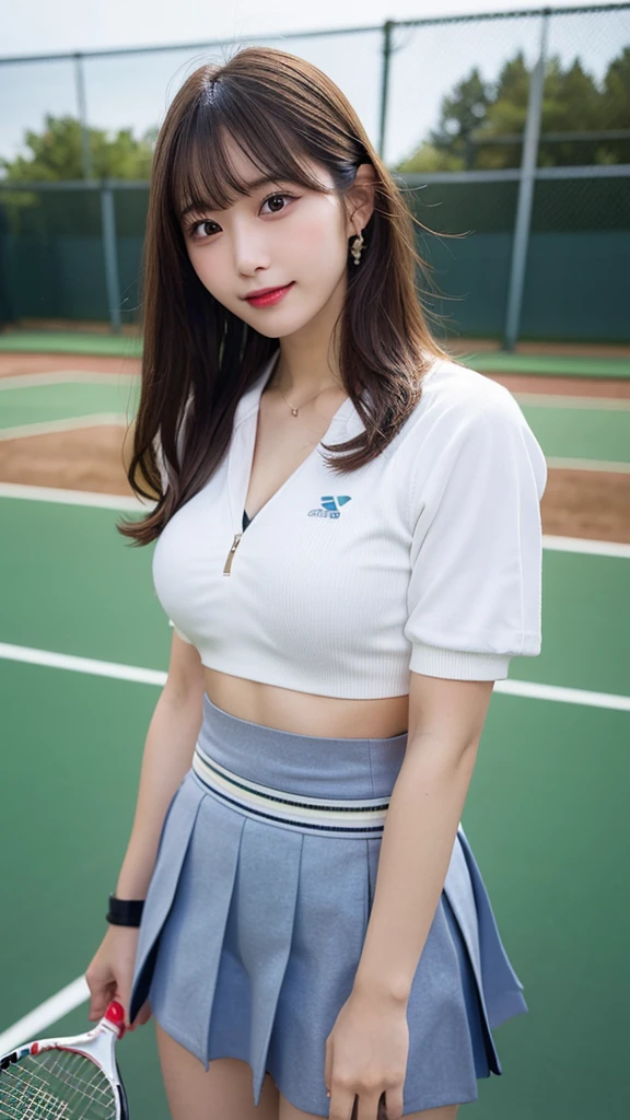 high-level image quality, masutepiece, Best Quality, Young woman in perfect style, Ultra-detailed, finely detail, hight resolution, 8K Wallpapers, Perfect dynamic composition, Beautiful detailed eyes, Medium Hair, (Colossal tits:1.2), Natural Color Lip, Smile, sport uniform, See-through wear based on white, tennis coat, Tennis Wear, (Tight abs:1.1), blurry backround, ((big breasts thin waist)), a short skirt, skinny thigh, Natural hair with bangs, Brightly colored clothing