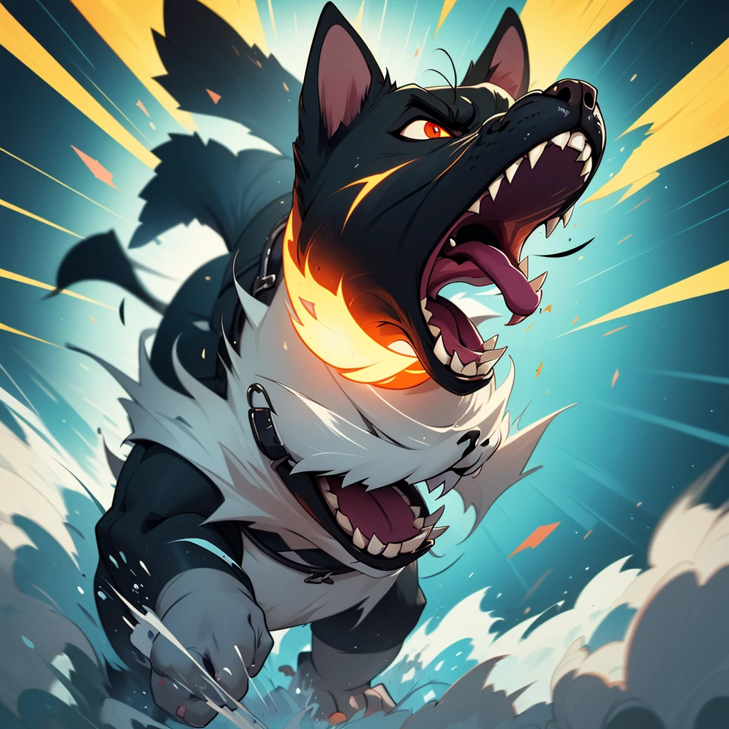 portrait of a angry dog breaking the sound barrier, fisheye, subwofer,