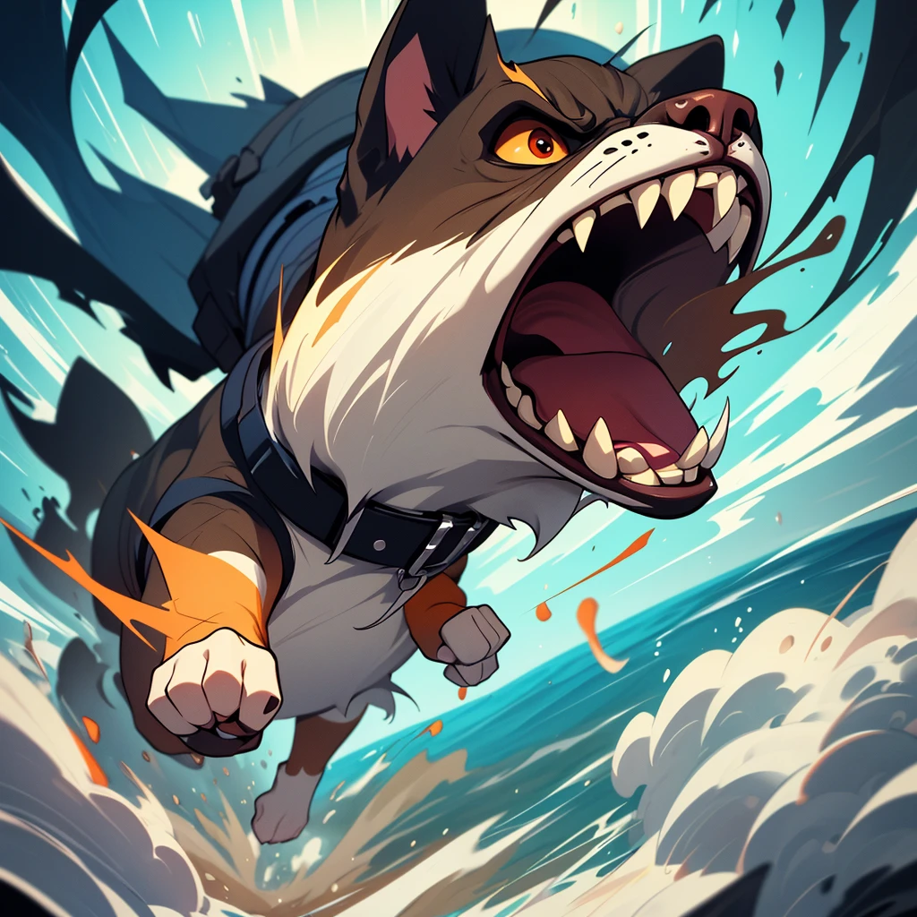 portrait of a angry dog breaking the sound barrier, fisheye, subwofer, 