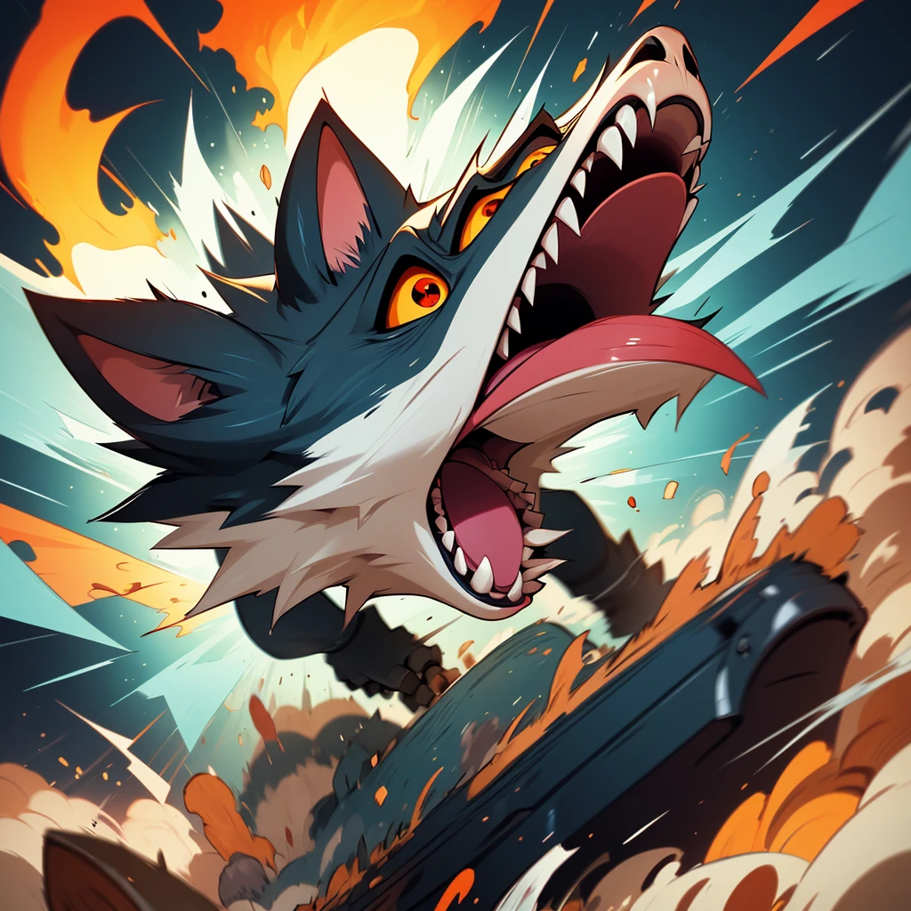 portrait of a angry dog breaking the sound barrier, fisheye, subwofer, 