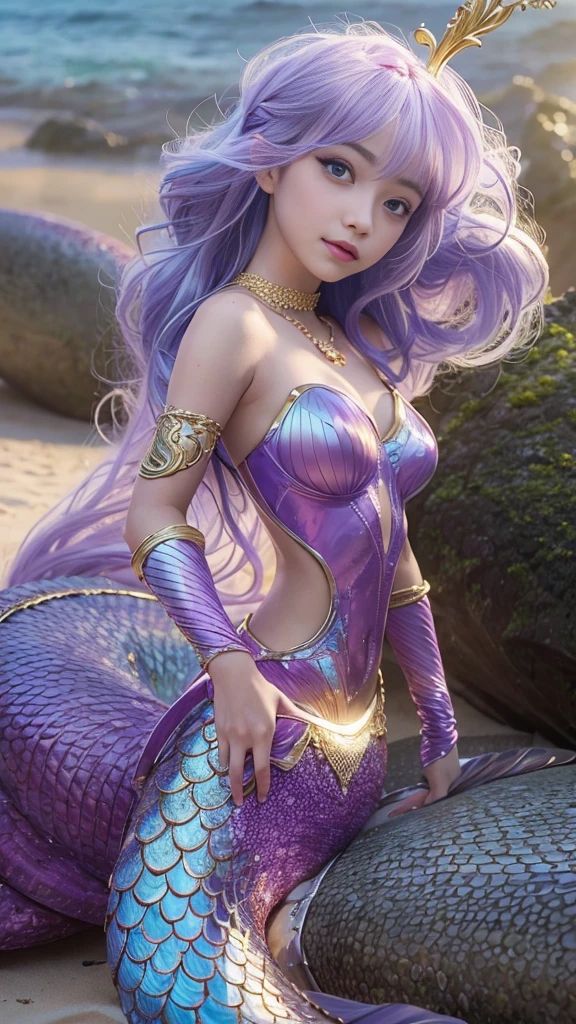 ((The Little Mermaid)), masterpiece, Highest quality, 8k ,Realistic, Highly detailed face, Highly detailed eyes, Highly detailed lips, (Cute Face), Light purple breastplate, Big Breasts 1.5, Tight waist, Light blue hair, blue eyes, ((Detailed depiction of the lilac scales below the navel)), (Tail fin facing up), ((Lying on the beach)), Random sexy poses, Holds a golden trident in his right hand,  Place a golden tiara on your head, Wear a gold bracelet on your left wrist, 