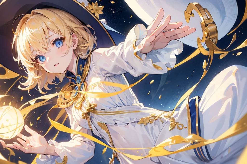 (Highest quality)　(4K)　(8k)　(High resolution)　(masterpiece:1.2)　(Super detailed)　One girl　short hair　witch　Blue Eyes　Long sleeve　Golden decoration　Hair between the eyes　White Dress　Wavy golden hair　Upper Body　(White Background)　front　Face close-up　Cast a spell　White hat