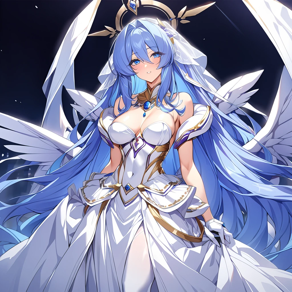 ((Highest quality)), ((masterpiece)), (detailed), (Perfect Face)、Women are messengers of God and great angels.6Archangel and goddess Extia with wings and a shining halo above her head.、The woman is the beautiful Queen of the Gods, Goddess Extia, with medium-long blue hair. She is wearing a gorgeous white wedding dress with gold embroidery and trim, a white wedding veil, an engagement ring, and gorgeous accessories. She is an elegant goddess and a beautiful queen of the gods.