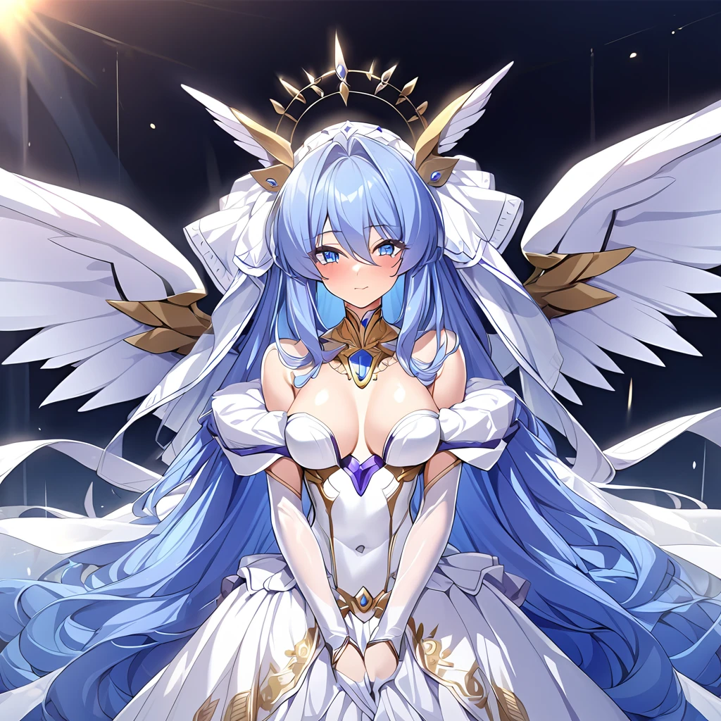 ((Highest quality)), ((masterpiece)), (detailed), （Perfect Face）、Women are messengers of God and great angels.６Archangel and goddess Extia with wings and a shining halo above her head.、The woman is the beautiful Queen of the Gods, Goddess Extia, with medium-long blue hair. She is wearing a gorgeous white wedding dress with gold embroidery and trim, a white wedding veil, an engagement ring, and gorgeous accessories. She is an elegant goddess and a beautiful queen of the gods.