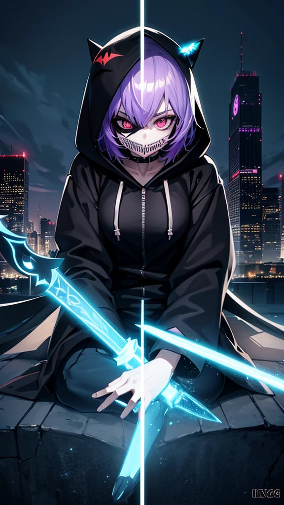 an anime female character wearing a HOODIE, and a cool joker mask, black robe, is sitting. above the city tower while holding a WEAPON, with realistic lighting effects, as well as effects, flying fireflies adding a realistic feel, with photo results, HDR, 8k, anime,