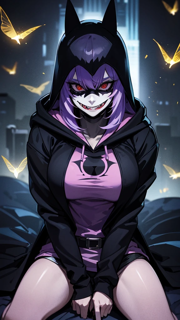 an anime female character wearing a HOODIE, and a cool joker mask, black robe, is sitting. above the city tower while holding a WEAPON, with realistic lighting effects, as well as effects, flying fireflies adding a realistic feel, with photo results, HDR, 8k, anime,