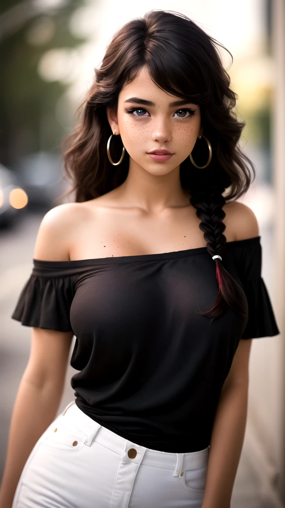 masterpiece,best quality, realistic illustration, style of Philip Lorca diCorcia,
portrait of a girl aged 18yo, 1girl, solo, black long hair, large braid, olive eyes, light freckles, toned body, large bust size, big nipples, nipples visible, dark skin, dark makeup, wearing an off the shoulder blouse, wet, hoop earrings, perfect lips, posing for the camera, pretty face, cute face, vignette, highly detailed features, highly detailed body, high budget, bokeh, cinemascope, moody, epic, gorgeous, whole body photo, film grain, grainy
