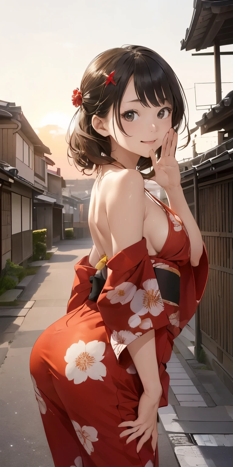 -yeld gi(Backward view、)Butt Emphasis、Smile small、Old streets of Kyoto、Emphasize cleavage、Wear a red floral yukata、One-sidedoff-shoulder((Highest quality))face real、(1. Glowing Skin.4)Extreme close-up from below(((sexy)))((masterpiece)、(1. Glowing Skin.1.4)Thigh Emphasis、((Beautiful sunset))、(((11-year-o gi)(Midir、)sexy pose、、、(Various poses)