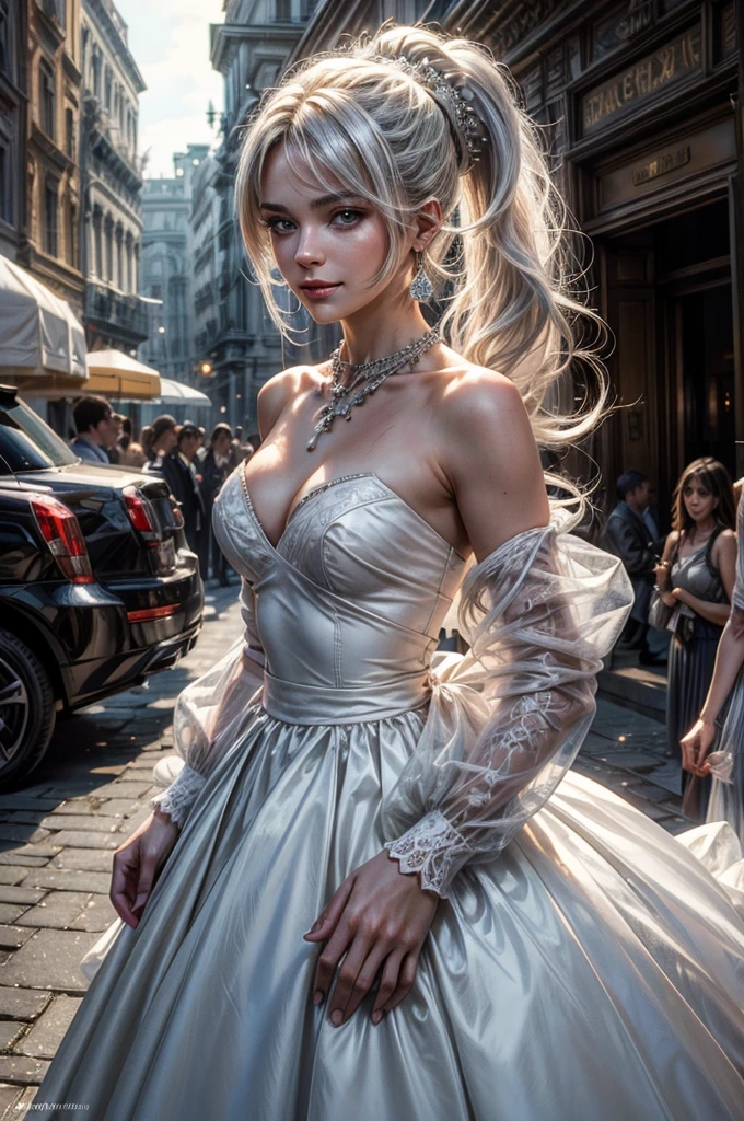 (masterpiece, best quality:1.2), cowboy shot, weissvale, smile, closed mouth, looking at viewer, long white hair, side ponytail, scar above eye, scar below eye, white wedding dress, jewelry, necklace, earrings, future_urban, outdoors, standing outside ornate palace, elegant crowd arriving for gala, futuristic cars, (volumetric lighting), intricate details, tonemapping, sharp focus, hyper detailed