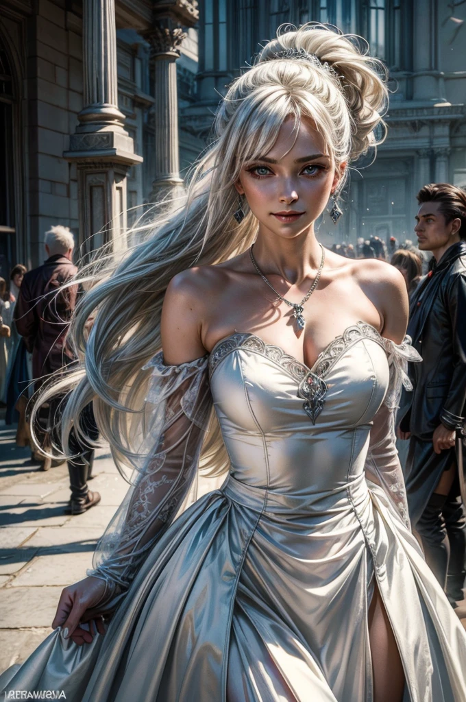 (masterpiece, best quality:1.2), cowboy shot, weissvale, smile, closed mouth, looking at viewer, long white hair, side ponytail, scar above eye, scar below eye, white wedding dress, jewelry, necklace, earrings, future_urban, outdoors, standing outside ornate palace, elegant crowd arriving for gala, futuristic cars, (volumetric lighting), intricate details, tonemapping, sharp focus, hyper detailed